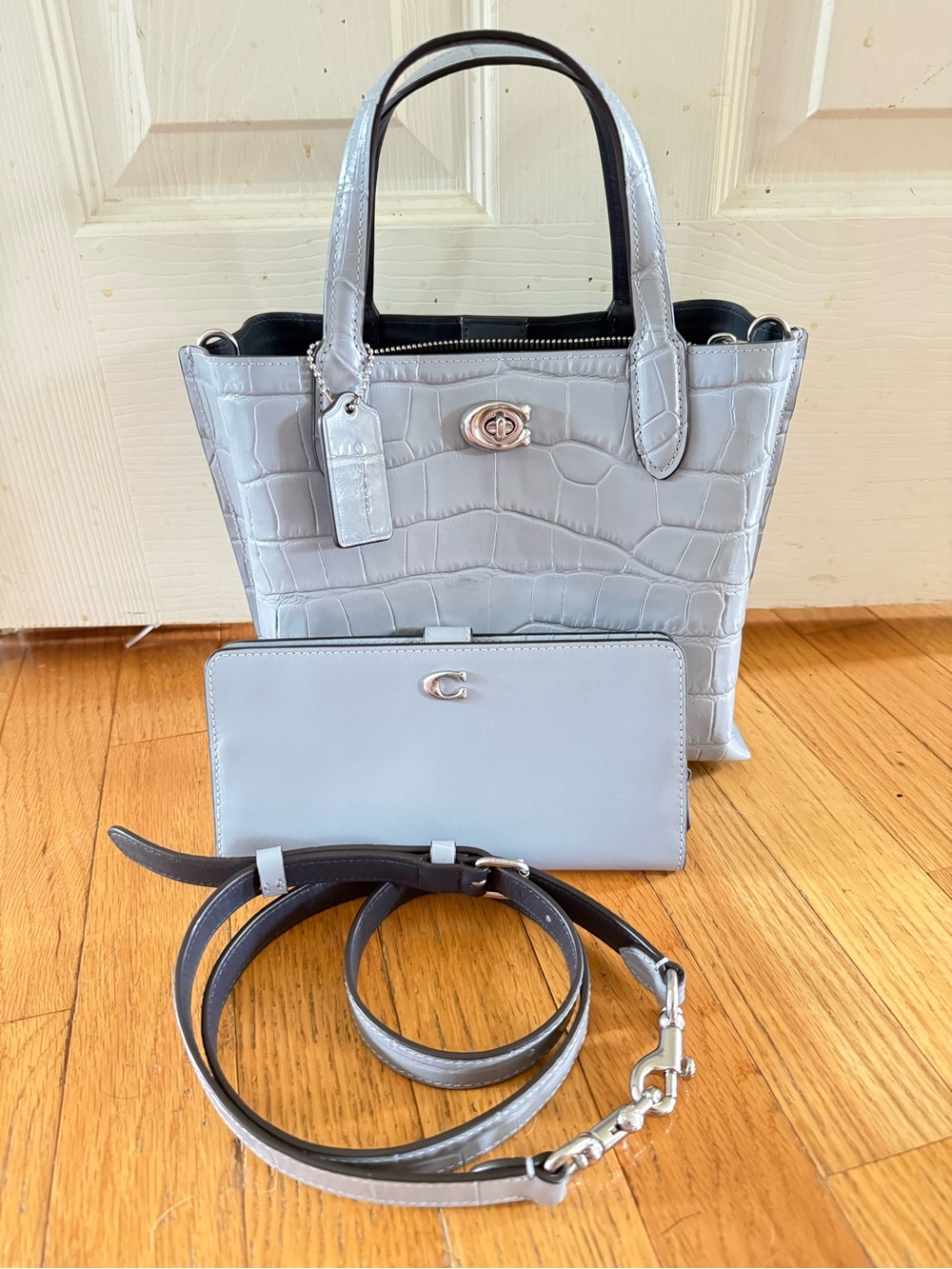 Coach Light Gray Croc-Embossed Mini Tote with Wallet and Strap